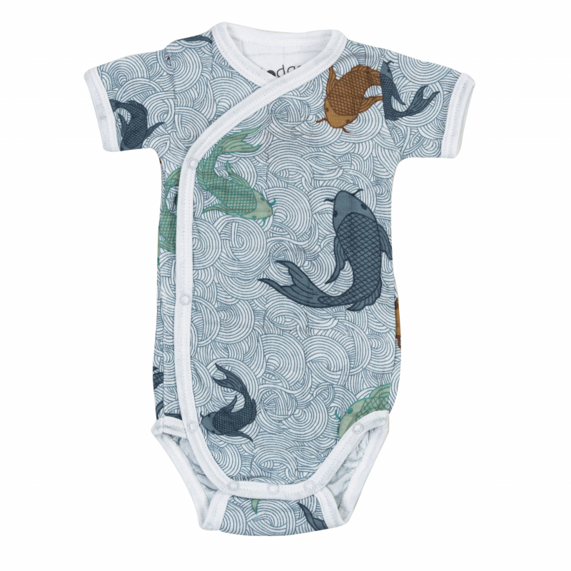 Akcija! Lodger Romper Empire Fish kokvilnas bodijs ar īsām piedurknēm, Dusty turqoise, 68 cm